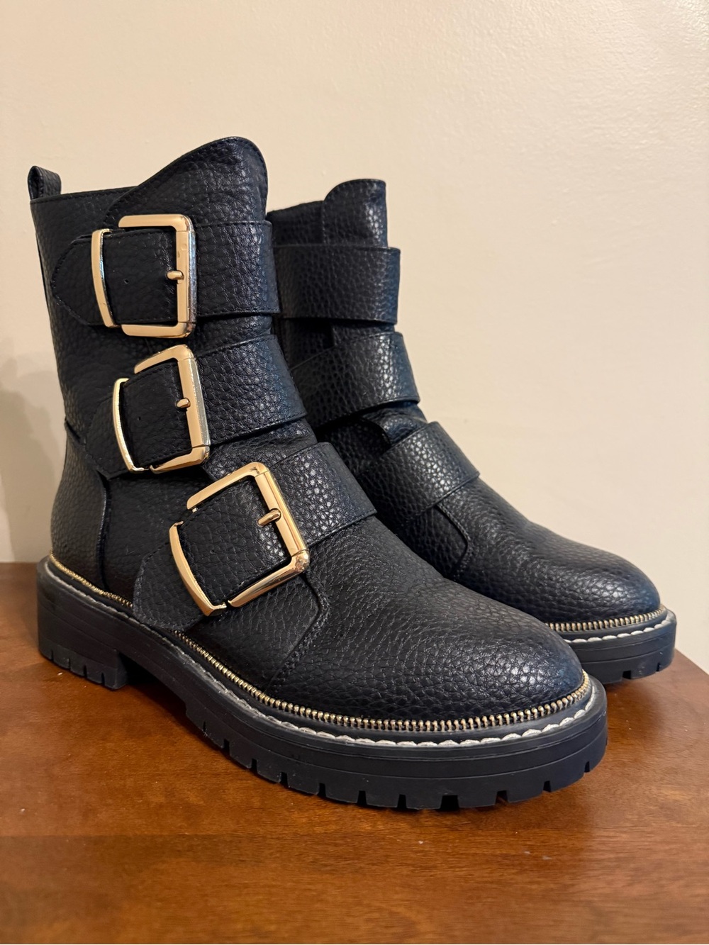 River Island Black Faux Leather Buckle Black Boots